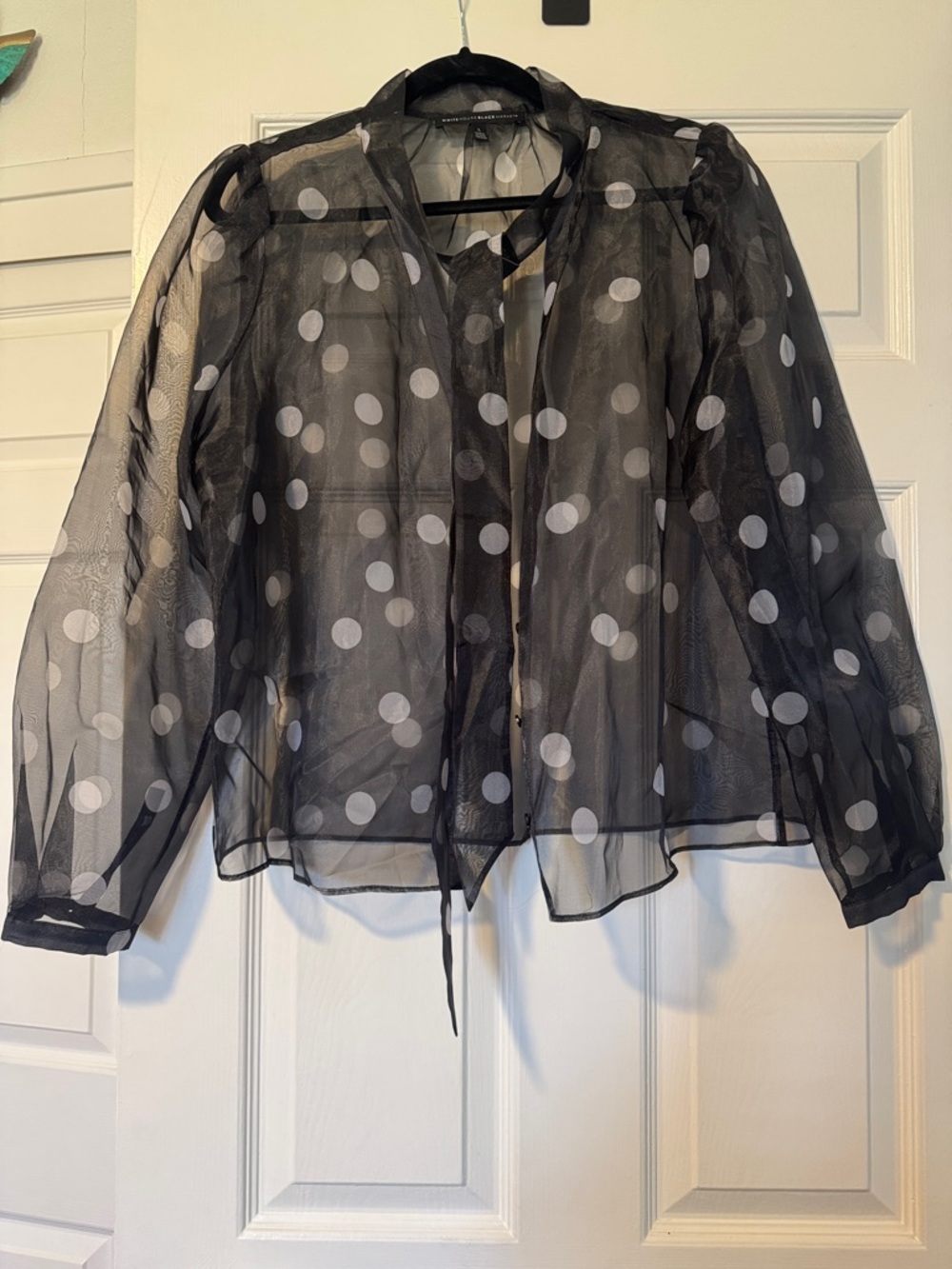 White House Black Market Black Sheer Polka Dot Tie-Neck Blouse